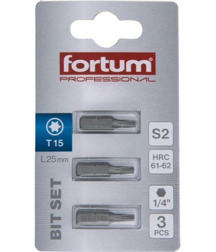Fortum behajtóhegy TORX, 3 db, S2 acél; T 15×25mm, bliszteren
