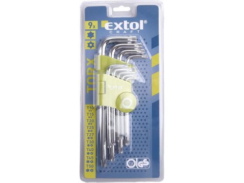 Torx kulcs 9db egyik vége lyukas, Cr40; T10,15,20,25,27,30,40,45,50, bliszteren