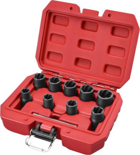 csavarkiszedő klt. TWIST; 3/8" befogás, 9db fej: 10, 11, 12, 13, 14, 15, 16, 17, 19mm, 1 db kiütőrúd, CrMo, műanyag kof.