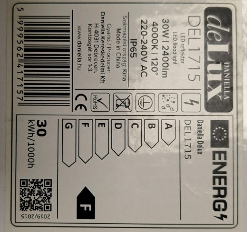 deLux DEL1715 LED reflektor 30W 2400lm 4000K IP65 200-240VAC lapos, fekete, alumínium SLIM SERIES 144*125*26,3mm 