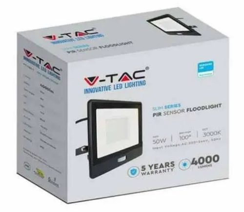 V-TAC 50W mozgásérzékelős LED reflektor ,100°, 6500K, 4000lm, fekete házas (SAMSUNG CHIP) - 20291 