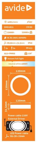 Avide LED Falra Szerelhető Kerek Mennyezeti Lámpa ALU 6W NW 4000K