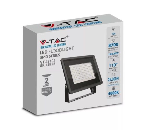 V-Tac 100W fekete LED reflektor, F széria, 4000K,8700lm, IP65, (6722)