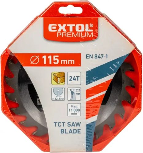 Extol Prémium körfűrészlap, keményfémlapkás, 115×22,2mm(lyuk átm), T24; 2,6mm lapkaszélesség, max. 11000 ford/perc