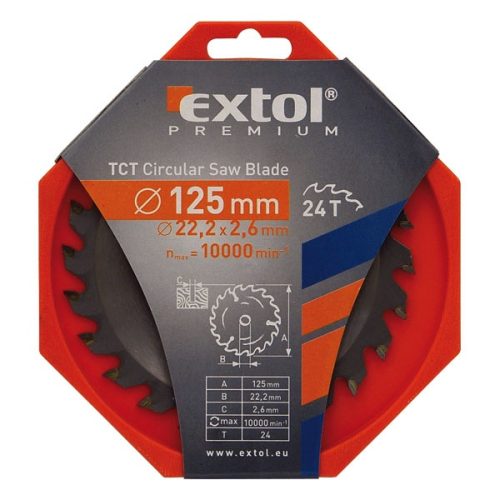 Extol Prémium körfűrészlap, keményfémlapkás, 125×22,2mm(lyuk átm), T24; 2,6mm lapkaszélesség, max. 10000 ford/perc