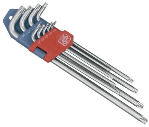Torx kulcs készlet extra hosszú T10-T50, 9db, hosszú szár: tömör, rövid szár: lyukas, CV., 90-225mm