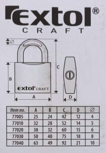 Extol Craft lakat, vas, 3 kulccsal, dobozban; 38mm