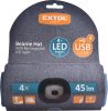 Extol sapka, kék, kötött, kivehető LED homloklámpával, 4×45 Lumen; USB tölthető Li-ion akku, 3 funkció (100%-75%-50% fényerő)