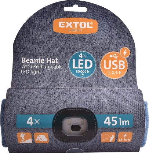 Extol sapka, kék, kötött, kivehető LED homloklámpával, 4×45 Lumen; USB tölthető Li-ion akku, 3 funkció (100%-75%-50% fényerő)