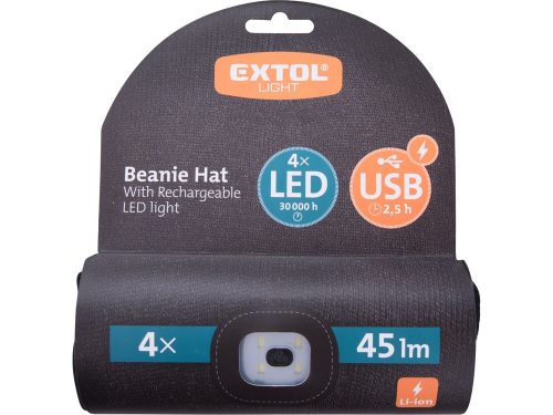 Extol sapka, fekete, kötött, kivehető LED homloklámpával, 4×45 Lumen; USB tölthető Li-ion, 3funkció (100%-75%-50% fénye.)