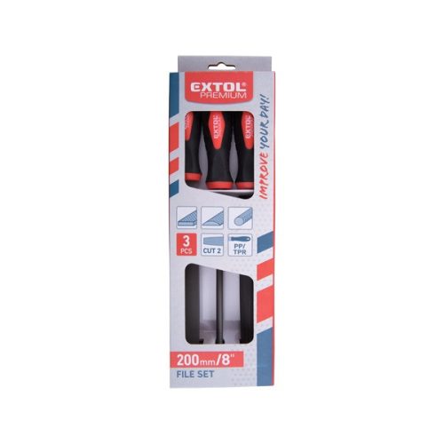 Extol Premium fémreszelő klt., 3 db (lapos, félkerek, kerek), 200mm, T12 acél, vágat 2, finom, TPR gumis műanyag nyél