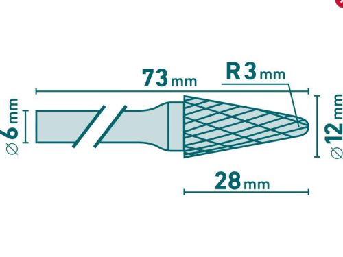 Extol Industrial keményfém turbómaró (rotormaró), kúpos, kerek orrú, átmérő 12×28mm/szár 6mm, keresztfogazás