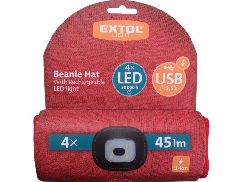 Extol sapka, piros, kötött, kivehető LED homloklámpával, 4×45 Lumen; USB tölthető Li-ion, 3funkció (100%-75%-50% fénye.)