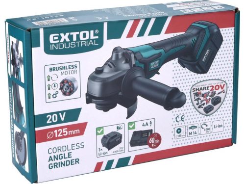 Extol industrial akkus sarokcsiszológép, Share20V, 20V, Li-ion, 1db akku, 1db töltő, 4000 mAh, 125 mm