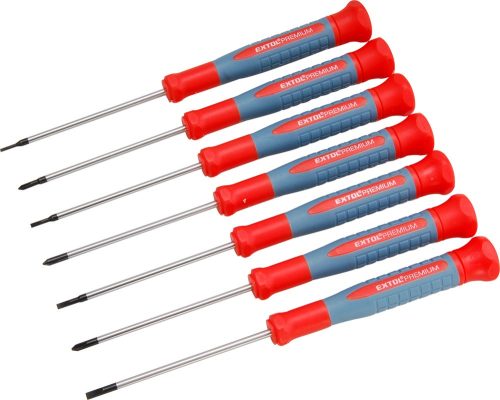 Extol prémium órás csavarhúzó klt. 7 db Cr.V. mágneses, 75 mm hosszúság, lapos: 1,5-3 mm, csillag: PH00-PH1, HRC 