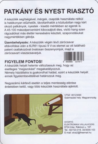 Patkány és nyestriasztó elemes 9v