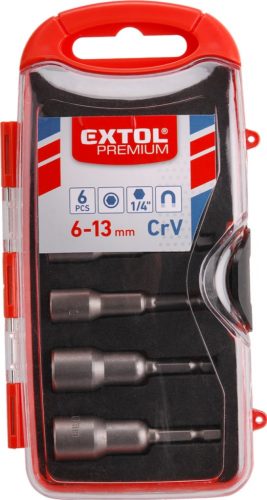 Extol prémium behajtó klt. hatlapfejű csavarhoz 6db, 6-13mm (6-7-8-10-12-13mm), 65mm hossz, 1/4" hatszög befogás, mágneses, Cr.V.