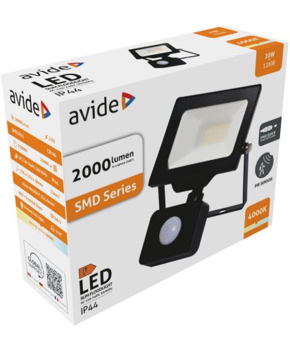 Avide LED Opál Reflektor Slim SMD 20W NW 4000K Mozgás érzékelős, PIR, Gyorscsatlakozós bekötés