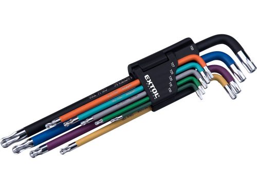 Extol prémium torx kulcs klt., 9db, több színű, extra hosszú, T10-T50, hosszú szár: tömör/gömbfej, rövid szár: lyukas, S2, 