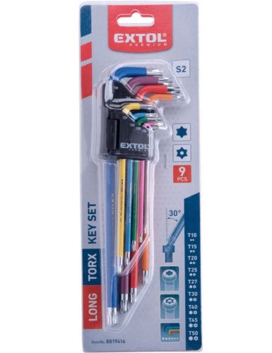 Extol prémium torx kulcs klt., 9db, több színű, extra hosszú, T10-T50, hosszú szár: tömör/gömbfej, rövid szár: lyukas, S2, 