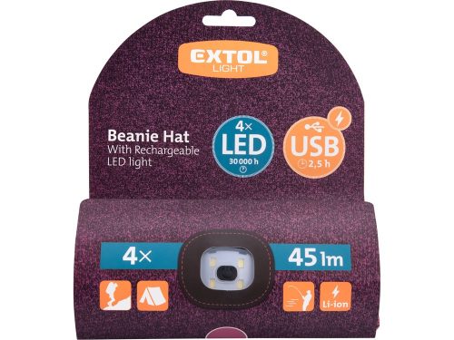 Extol sapka, lila/fekete, kötött, kivehető LED homloklámpával, 4×45 