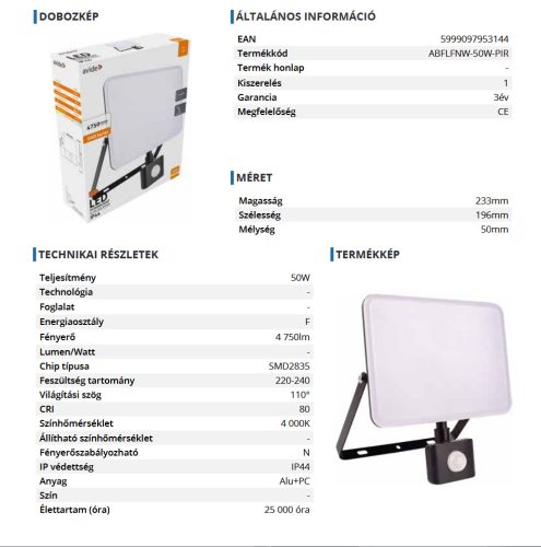 Avide LED Reflektor Slim SMD Keret nélküli 50W NW 4000K Mozgásérzékelős PIR