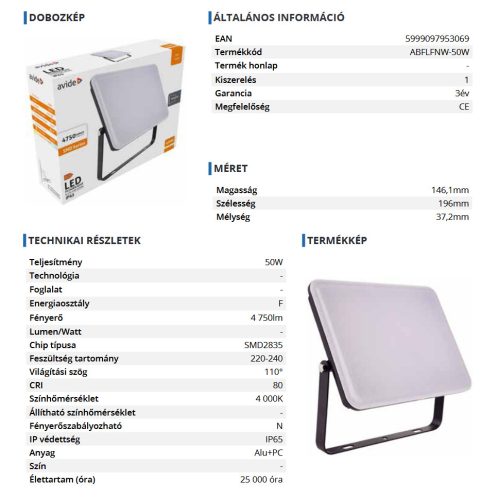 Avide LED Reflektor Slim SMD Keret nélküli 50W NW 4000K