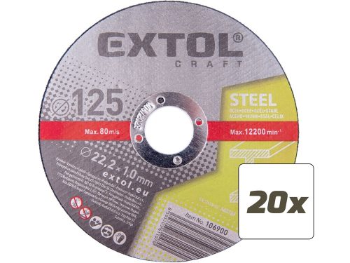 Extol vágókorong 20 db, acélhoz; 125×1×22,2mm, max 12200 ford/perc, fémdobozban
