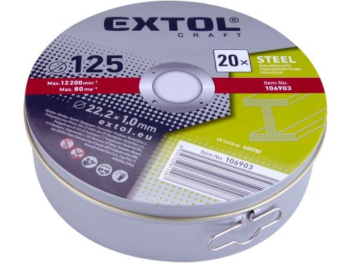 Extol vágókorong 20 db, acélhoz; 125×1×22,2mm, max 12200 ford/perc, fémdobozban