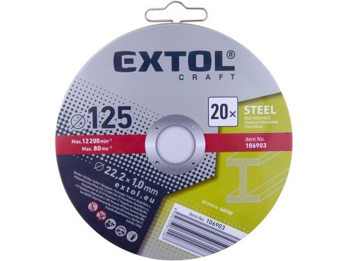 Extol vágókorong 20 db, acélhoz; 125×1×22,2mm, max 12200 ford/perc, fémdobozban