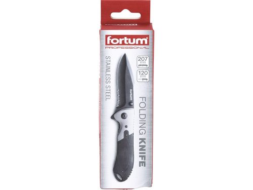 Fortum zsebkés, rozsdamentes fekete pengével, teljes/összecsukott hossz:207/120mm, ALU/műa. nyél, övre akasztható, rögzítővel