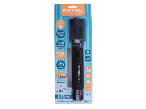 Extol light LED lámpa, 60 W COB LED; 4000 Lm, ALU ház, zoom, USB újratölthető Li-ion akkus, 4000 mAh, Power Bank funkció
