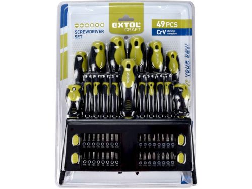 Extol  csavarhúzó klt. 49 db, CrV, mágneses, 4db lapos + 4 db PH + 8 db órás csavarhúzó + BIT-ek, műa. tartóállvány, bliszteren