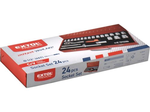 Extol dugókulcs klt., CV., racsnis 45fog ; 1/2" 24db, 10-32mm, fém doboz