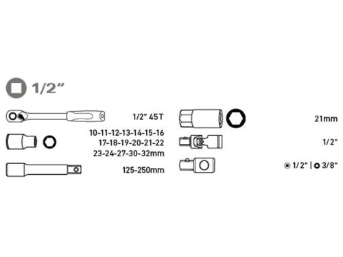 Extol dugókulcs klt., CV., racsnis 45fog ; 1/2" 24db, 10-32mm, fém doboz
